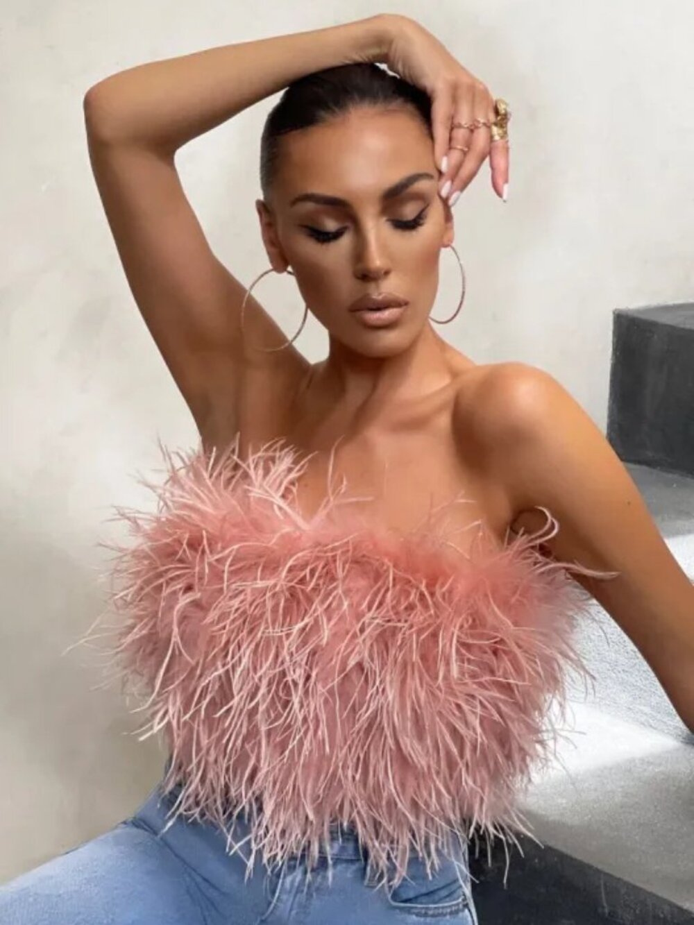 🖤✨CHIC SEXY GLAM✨🖤 CLUB L LONDON LUXURIOUS OSTRICH FEATHER BANDEAU IN BLUSH